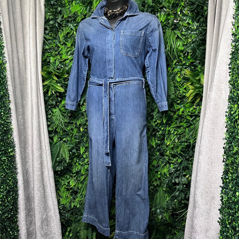 Gap Denim Jumpsuit Womens 12 Medium Wash‎ Cotton Utility Wide Leg Belted 3755